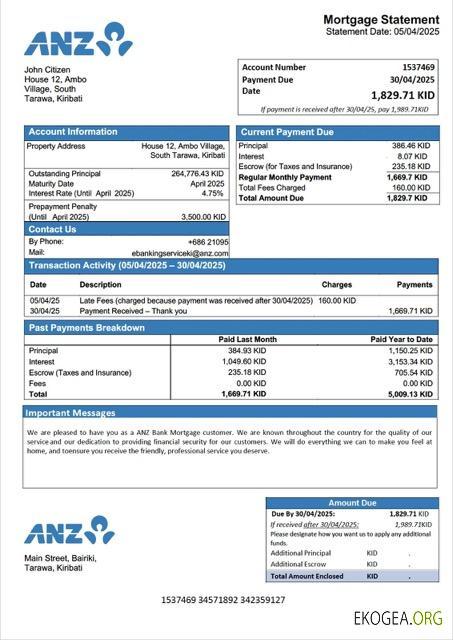 Modèle Word et PDF de relevé hypothécaire de Kiribati ANZ Bank